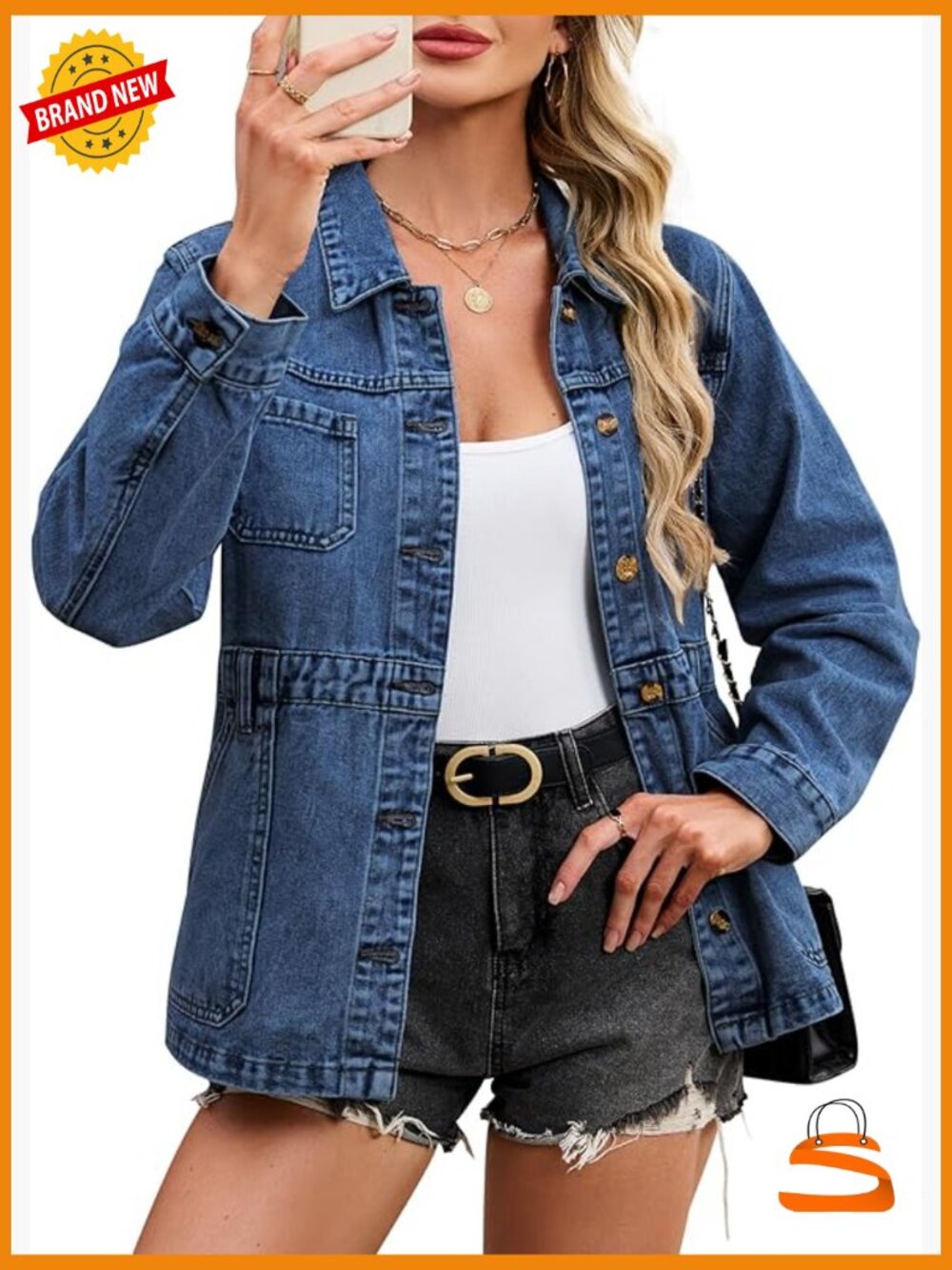Oversized Denim Jacket Button Down Boyfriend Shacket with Pockets - Picture 1 of 7